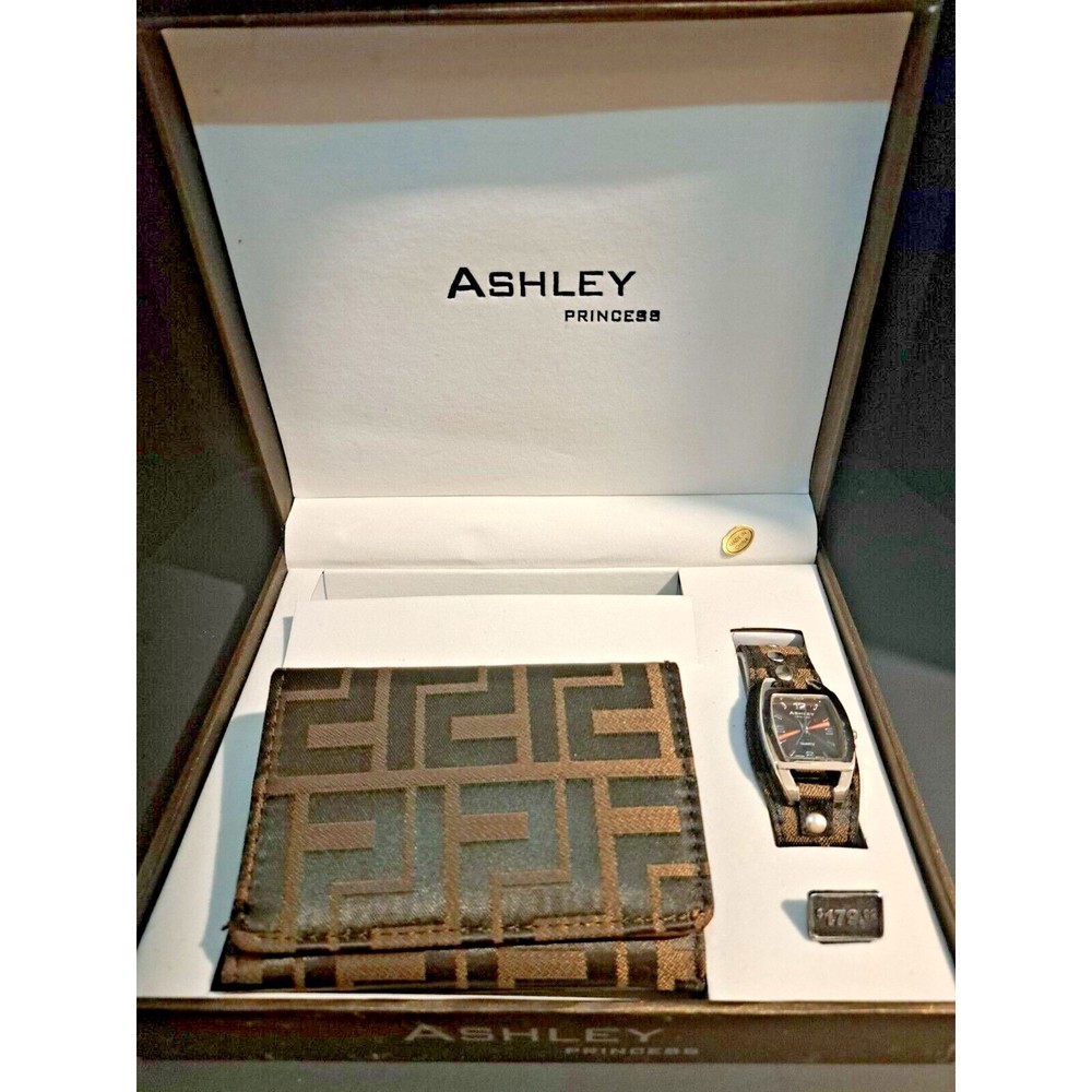 Ashley Princess - Watch and Tri Fold Wallet Set - Dark Brown Geometric Pattern